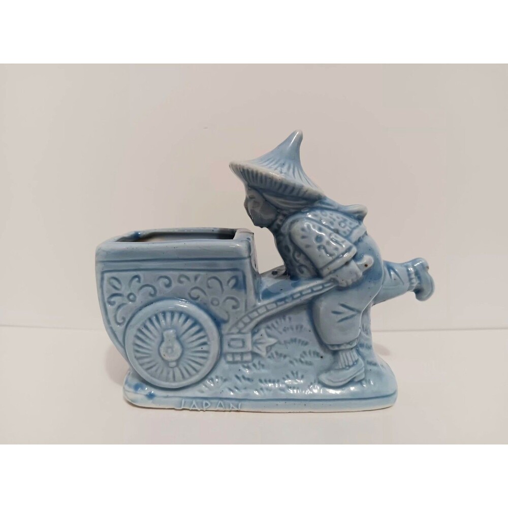 Asian Man/ Woman Hand Drawn Buggy Cart JAPAN Figurine Planter Blue Decor 3"×4"